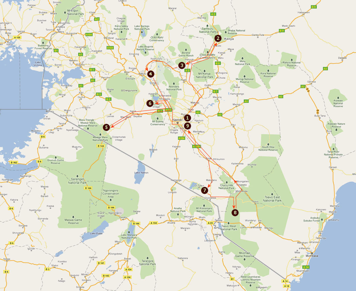 Route informatie Twiga safari 14 daagse prive rondreis Kenia