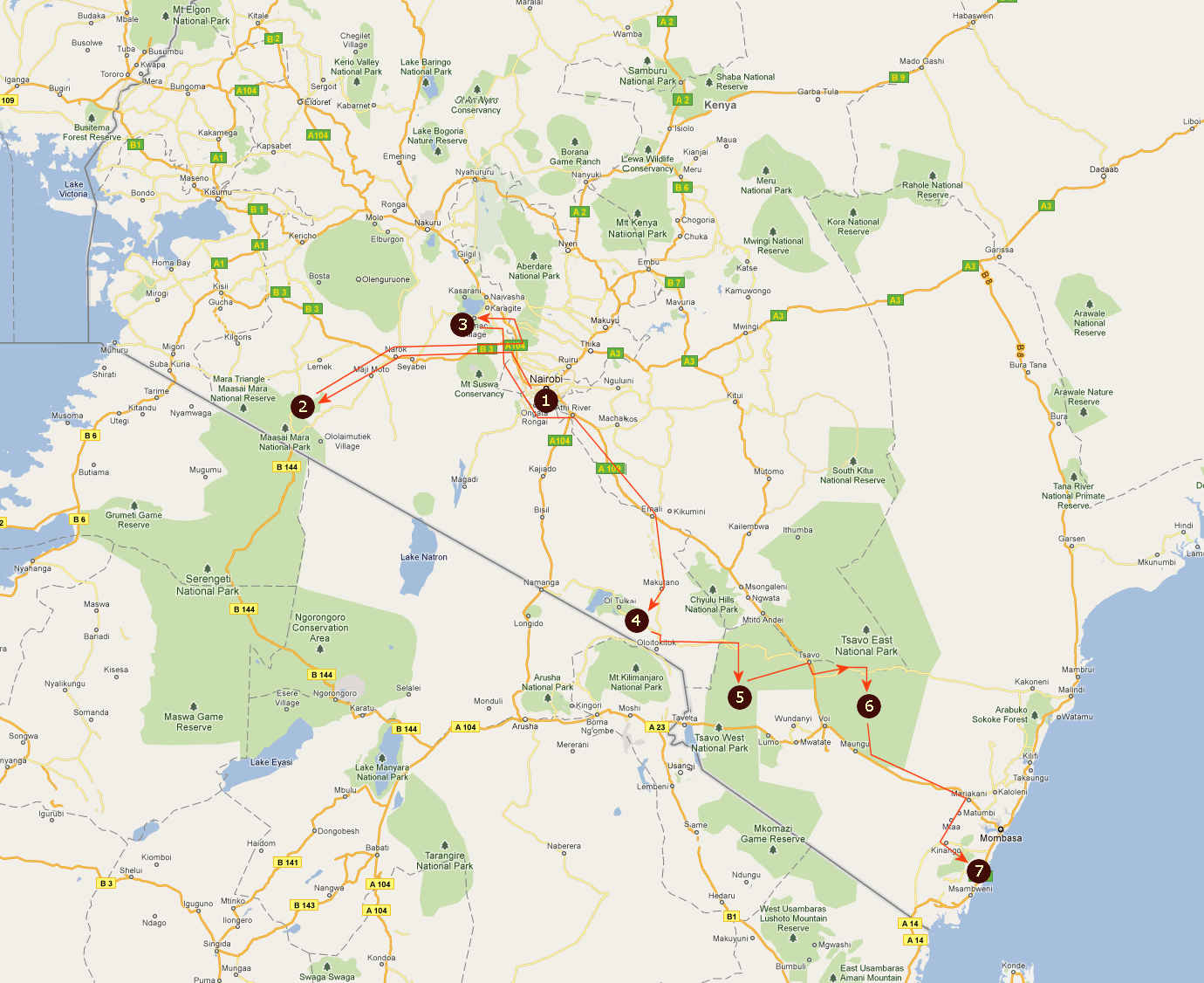 Route informatie Kongoni safari & strand 14 daagse prive safari en strandvakantie Kenia Route informatie Kongoni safari & strand 14 daagse prive safari en strandvakantie Kenia