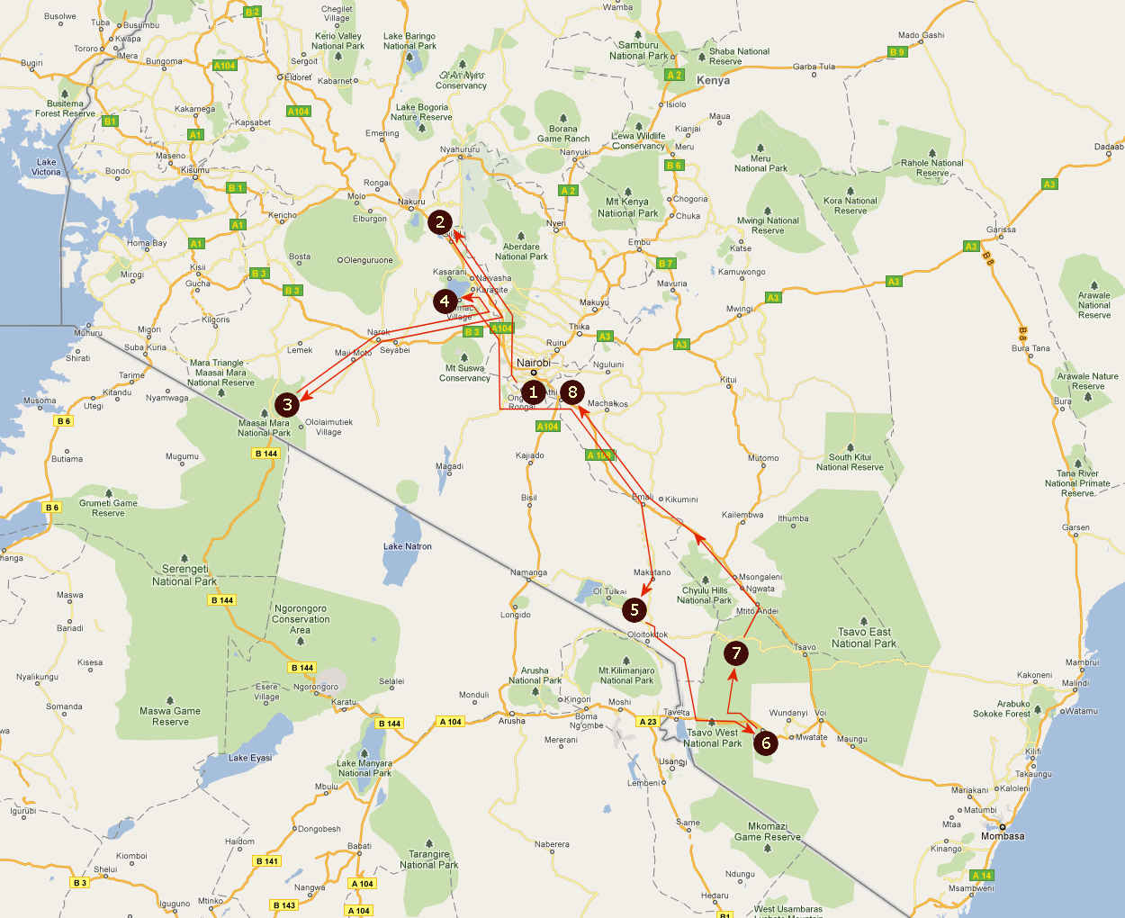 Route informatie Chui Hideouts 12 daagse prive rondreis Kenia Route informatie Chui Hideouts 12 daagse prive rondreis Kenia