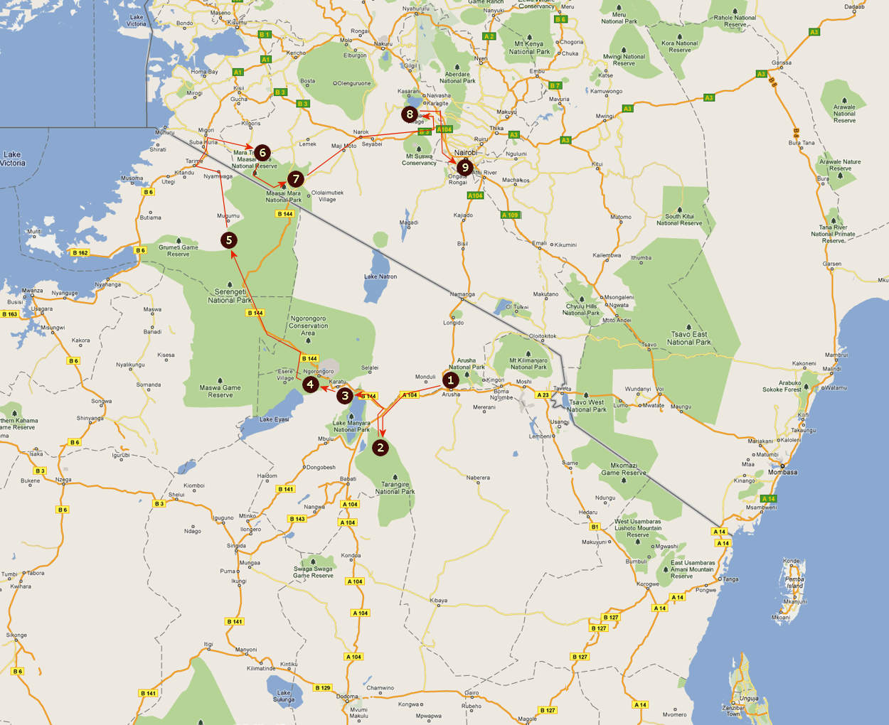 Route informatie Ultimate Safari 12 daagse privé safari door Tanzania en Kenia Route informatie Ultimate Safari 12 daagse privé safari door Tanzania en Kenia