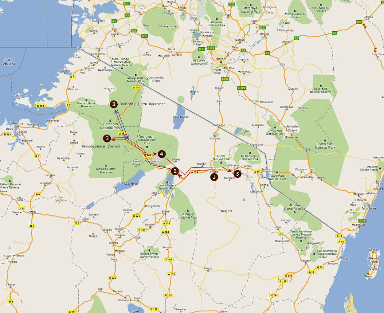 Route informatie 7 Daagse mindervalide rondreis Tanzania Avontuurlijke safari rondreis op zoek naar de fameuze Big 5 Route informatie 7 Daagse mindervalide rondreis Tanzania Avontuurlijke safari rondreis op zoek naar de fameuze Big 5