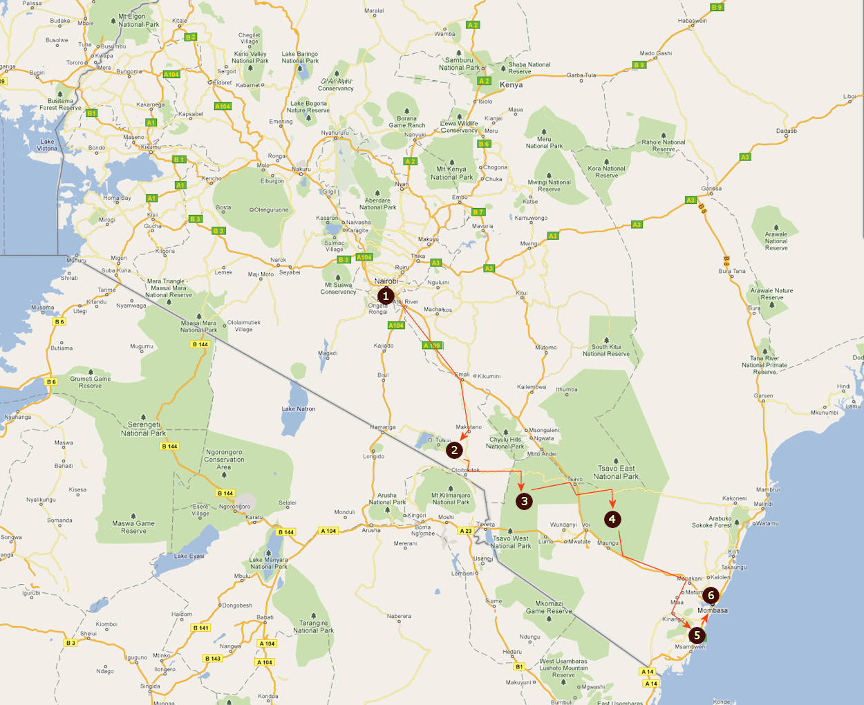 Route informatie Simba Trails 12 Daagse prive safari en strandvakantie Kenia Route informatie Simba Trails 12 Daagse prive safari en strandvakantie Kenia