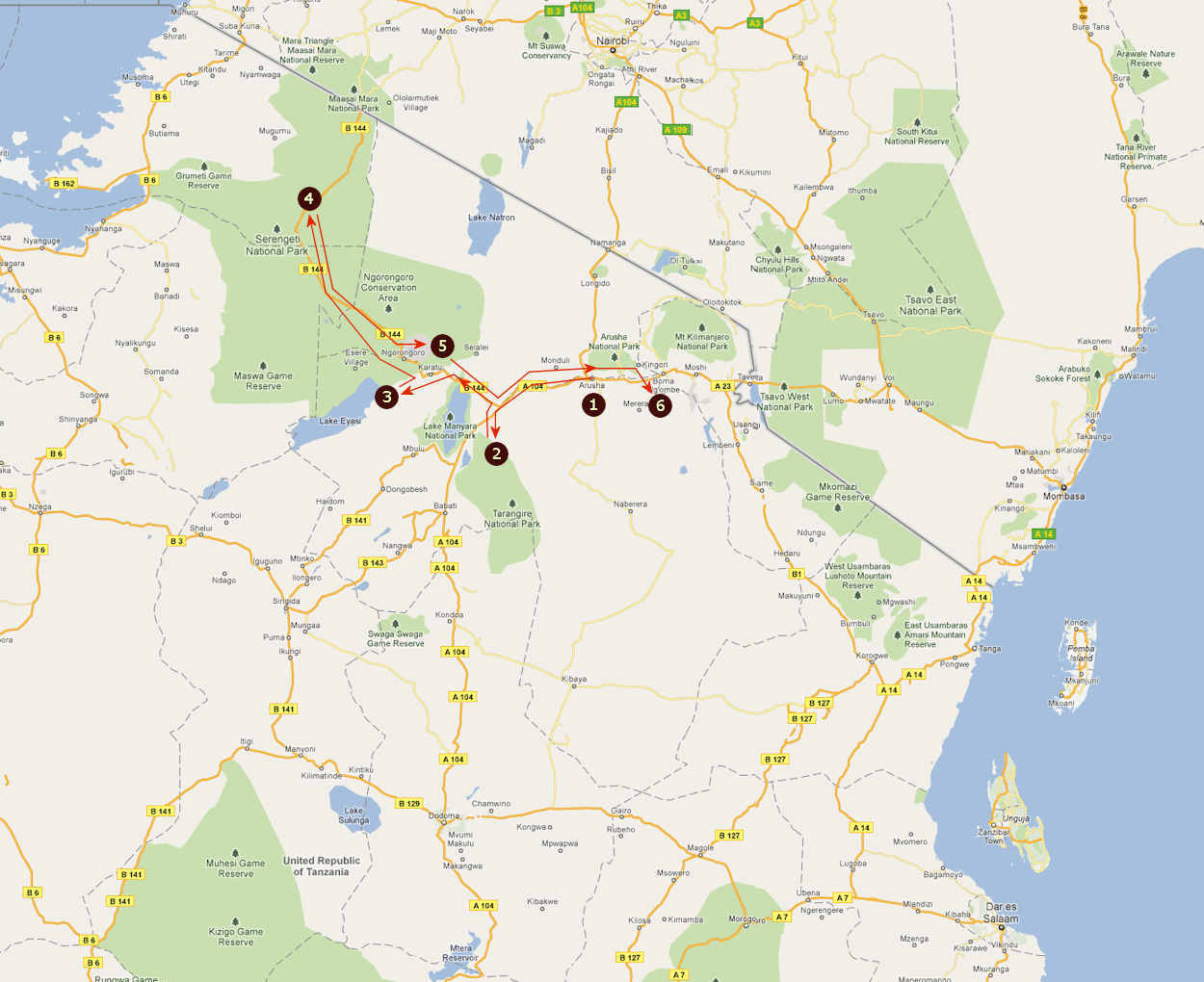Route informatie Highlights Tanzania 7 Daagse privé safari rondreis Route informatie Highlights Tanzania 7 Daagse privé safari rondreis