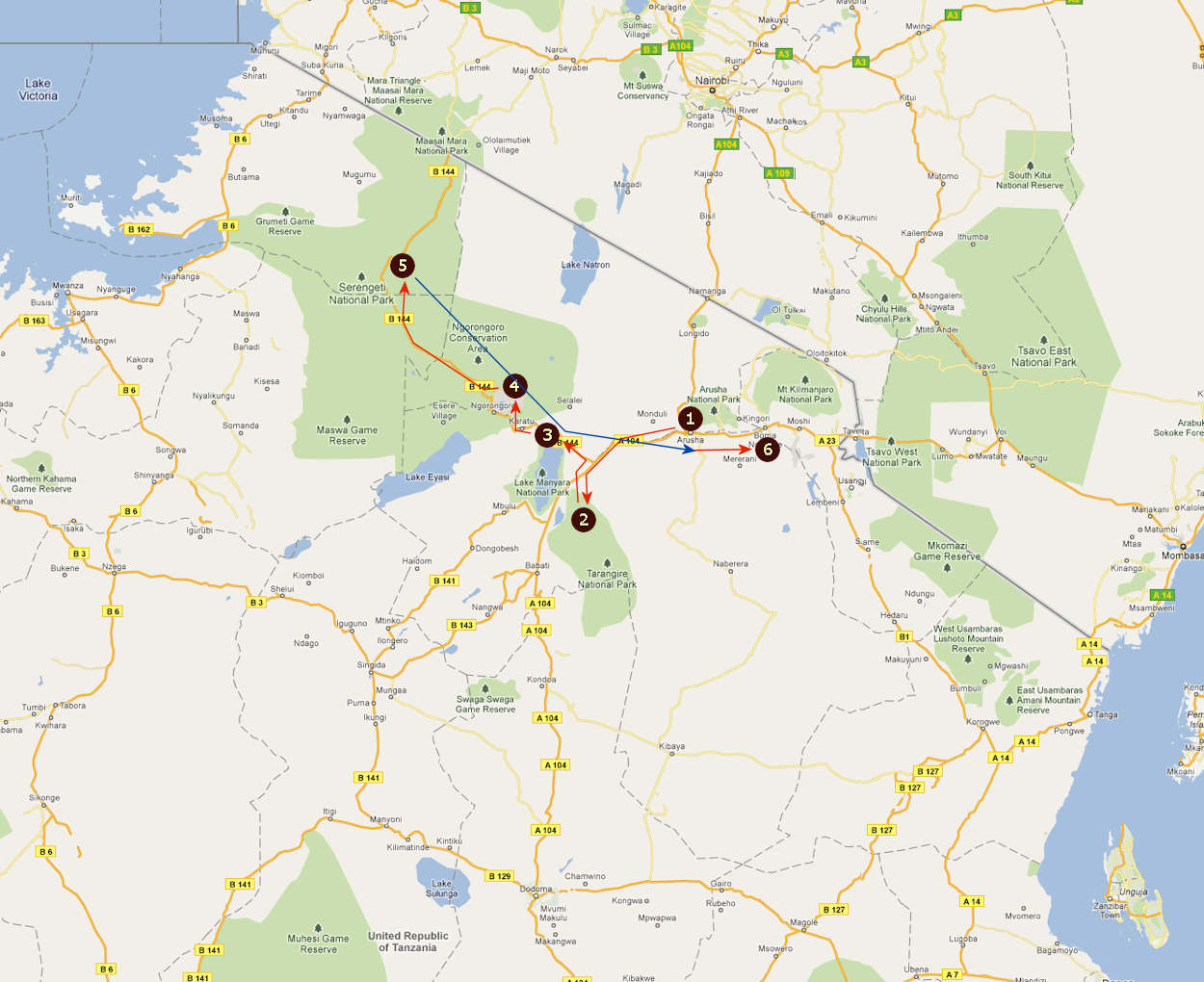 Route informatie Romantic Encouters 10 daagse luxe rondreis Tanzania