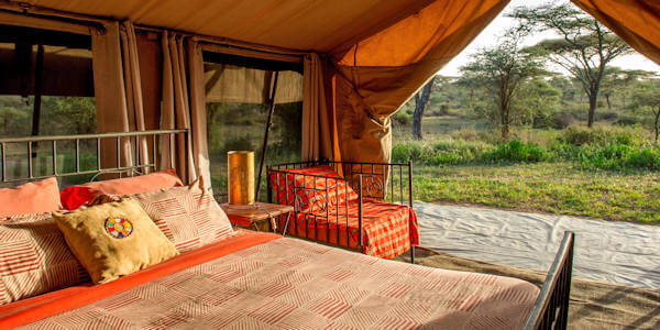Camp Zebra accommodatie interieur standaard tent, Serengeti Nationaal Park in Tanzania Camp Zebra accommodatie interieur standaard tent, Serengeti Nationaal Park in Tanzania