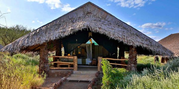 De lodge tenten van het Kibo Camp liggen verspreid op het terrein tussen acacia bomen in Amboseli Nationaal Park. Kibo Safari Camp de lodge tenten van het kibo camp liggen verspreid op het terrein tussen acacia bomen in amboseli nationaal park. Amboseli Nationaal Park in Kenia