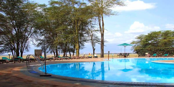 De accommodatie beschikt over een vrijgevormd zwembad met kinderbad met uitzicht op de savannes. De accommodatie beschikt over een vrijgevormd zwembad met kinderbad met uitzicht op de savannes, accommodatie Amboseli Nationaal Park in Kenia